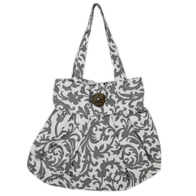 180590-GREY/WHITE FLOWER DESIGN BAG W/BUTTON